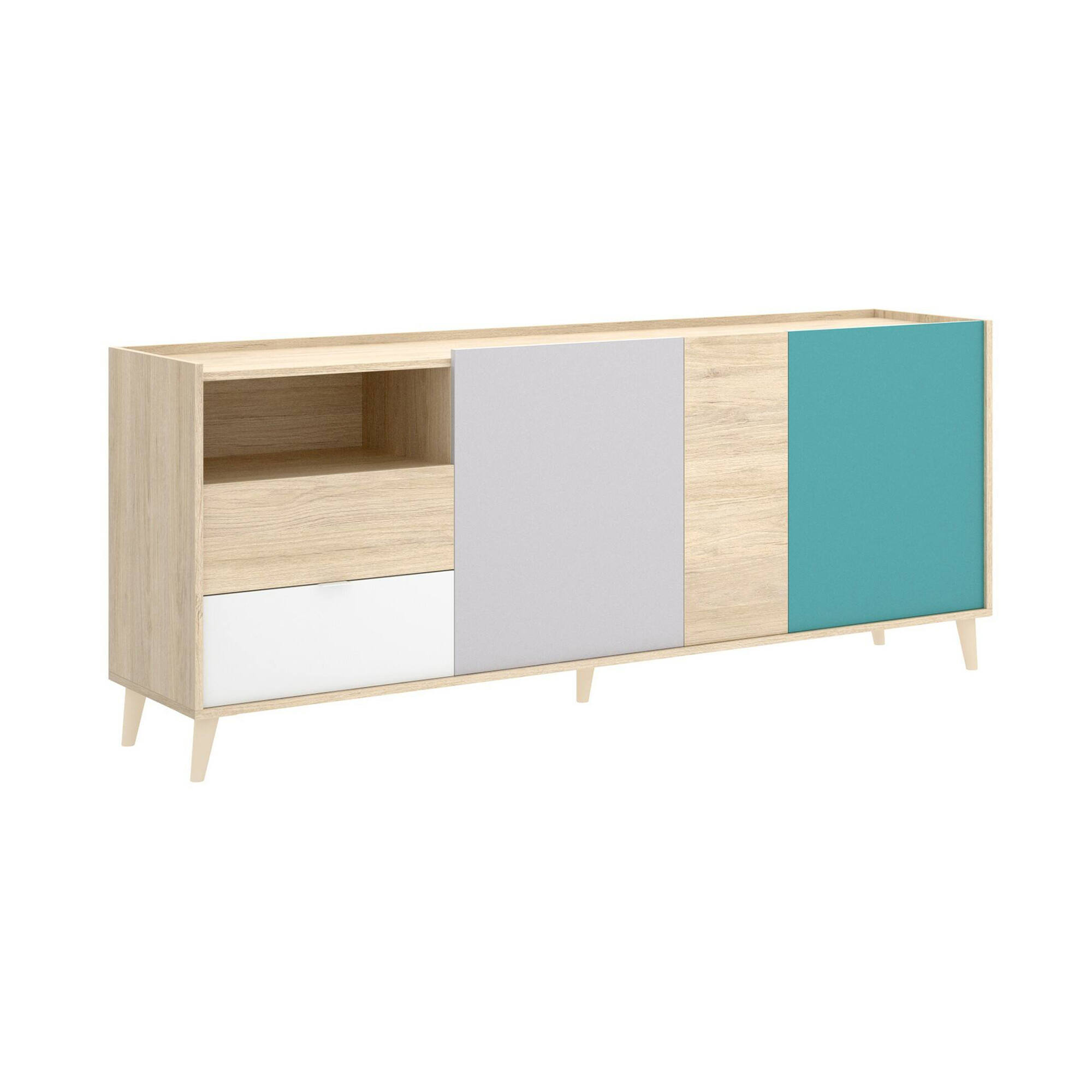foto del prodotto credenza allie, buffet da soggiorno, madia moderna da salotto a 3 ante, 180x43h75 cm, rovere e grigio