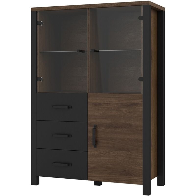 foto del prodotto credenza alta collezione darwin. colore rovere scuro e nero. 3 porte e 3 cassetti.