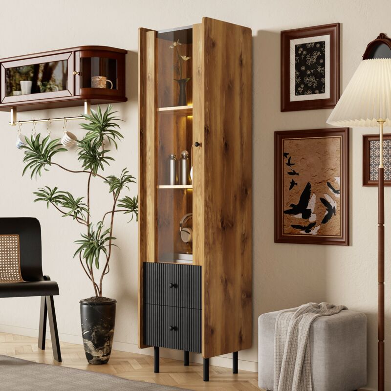 foto del prodotto credenza alta, credenza in legno nero venato con anta in vetro, illuminazione led gialla, 2 cassetti 180 x 44 x 40 cm