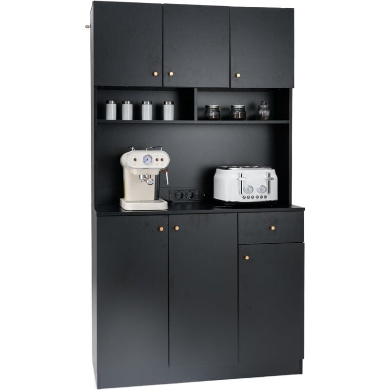 foto del prodotto credenza alta da cucina con 6 ante e cassetto, armadio dispensa da cucina con presa elettrica, mobile cucina con ripiani regolabili per sala da