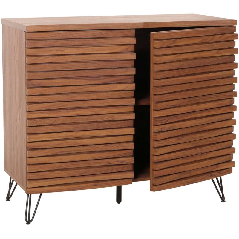 foto del prodotto credenza alta hhg 437, armadietto, design 3d vani portaoggetti, legno massiccio mango metallo 85x95x45cm, color noce