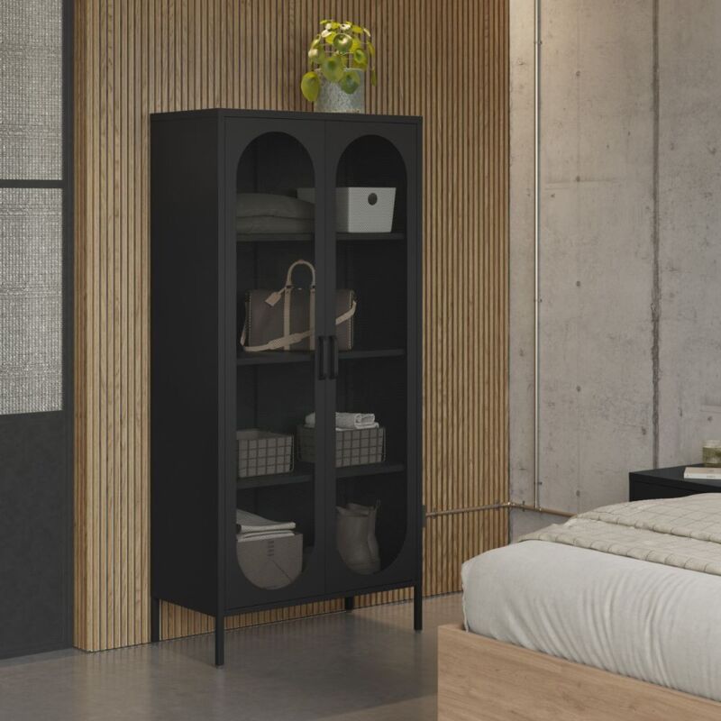 foto del prodotto credenza alta in metallo colore nero con 2 ante reticolate e 3 ripiani 80x170h cm diora