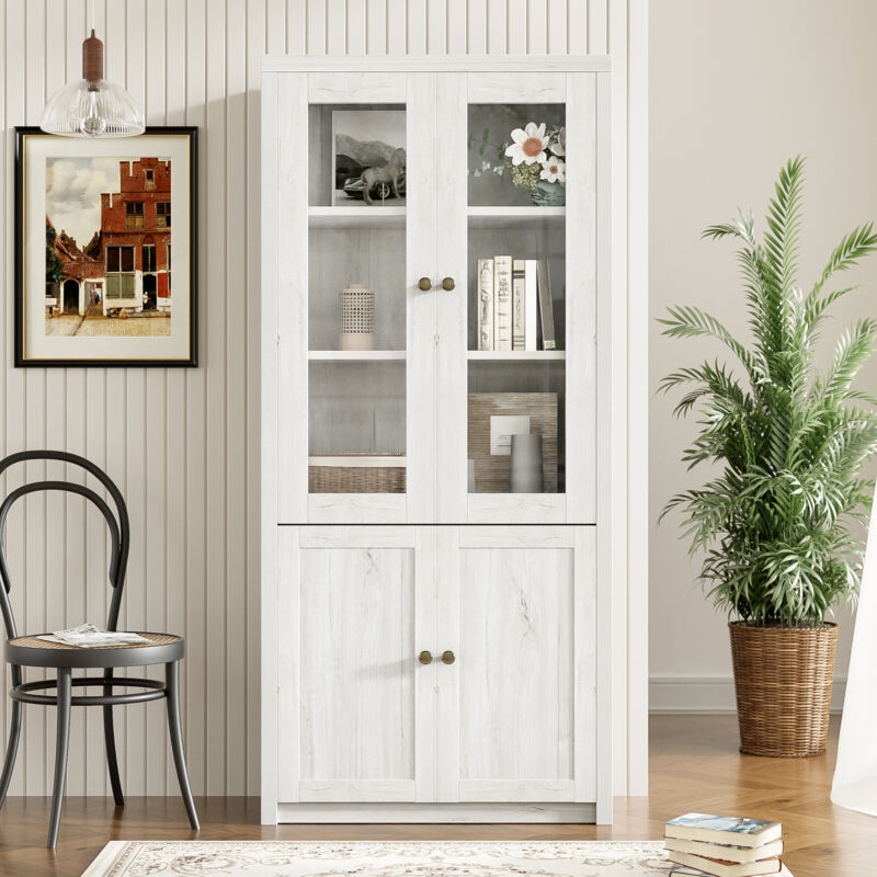 foto del prodotto credenza alta moderna con vetrina, effetto legno con 2 ante in vetro 2 ante in legno, 80l x 34p x 171a cm