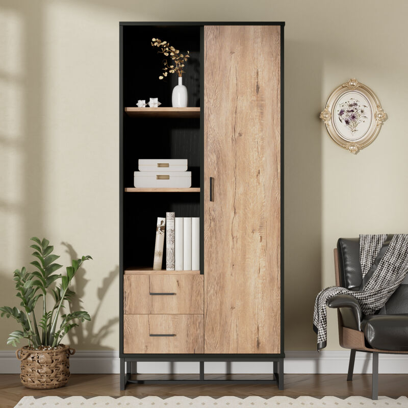 foto del prodotto credenza alta moderna con vetrina, effetto legno con struttura nera, 2 cassetti 3 scomparti aperti, 80l x 40p x 180a cm