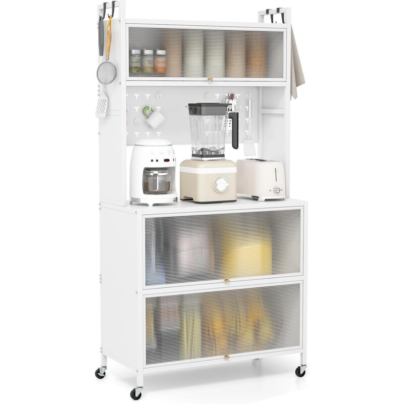 foto del prodotto credenza alta per cucina con 5 ripiani e 3 ante a ribalta traslucide, mobile cucina con ruote e panello a ganci, armadio cucina porta microonde, per