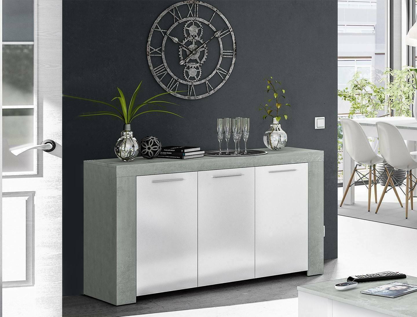 foto del prodotto credenza amaculi, madia moderna a 3 ante, buffet da soggiorno, mobile porta tv, madia per salotto, cm 144x42h80, cemento