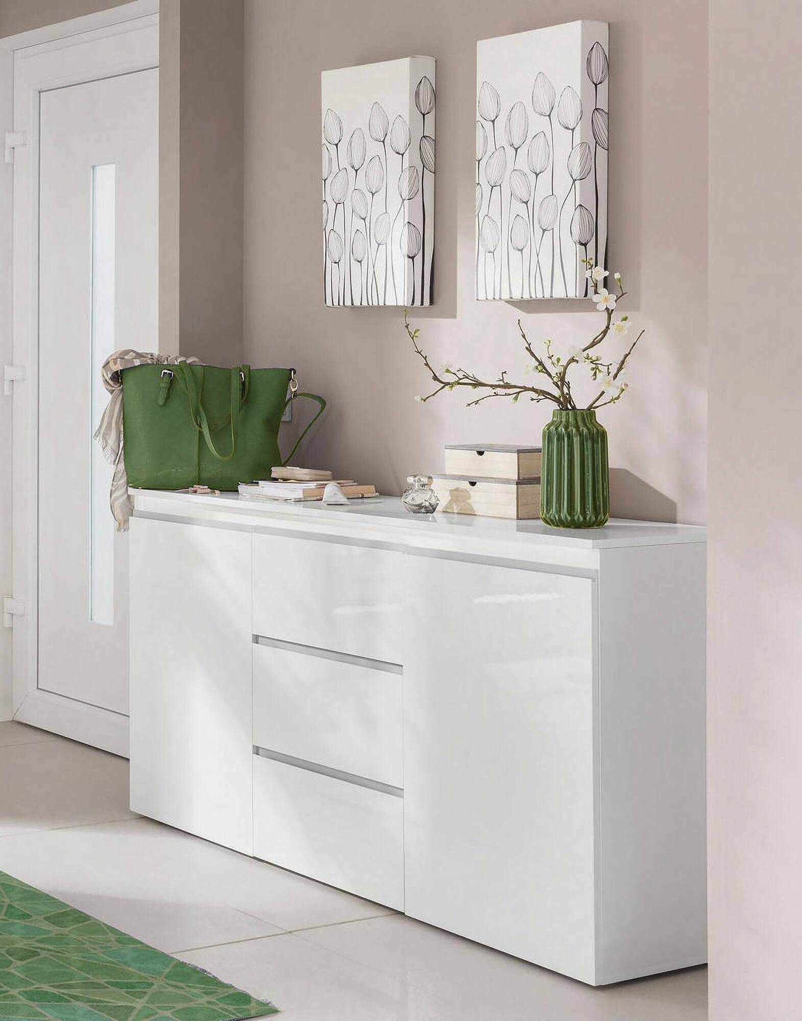 foto del prodotto credenza amoco, madia di design a 2 ante 3 cassetti, made in italy, mobile porta tv, buffet da soggiorno, cm 150x40h81, bianco lucido