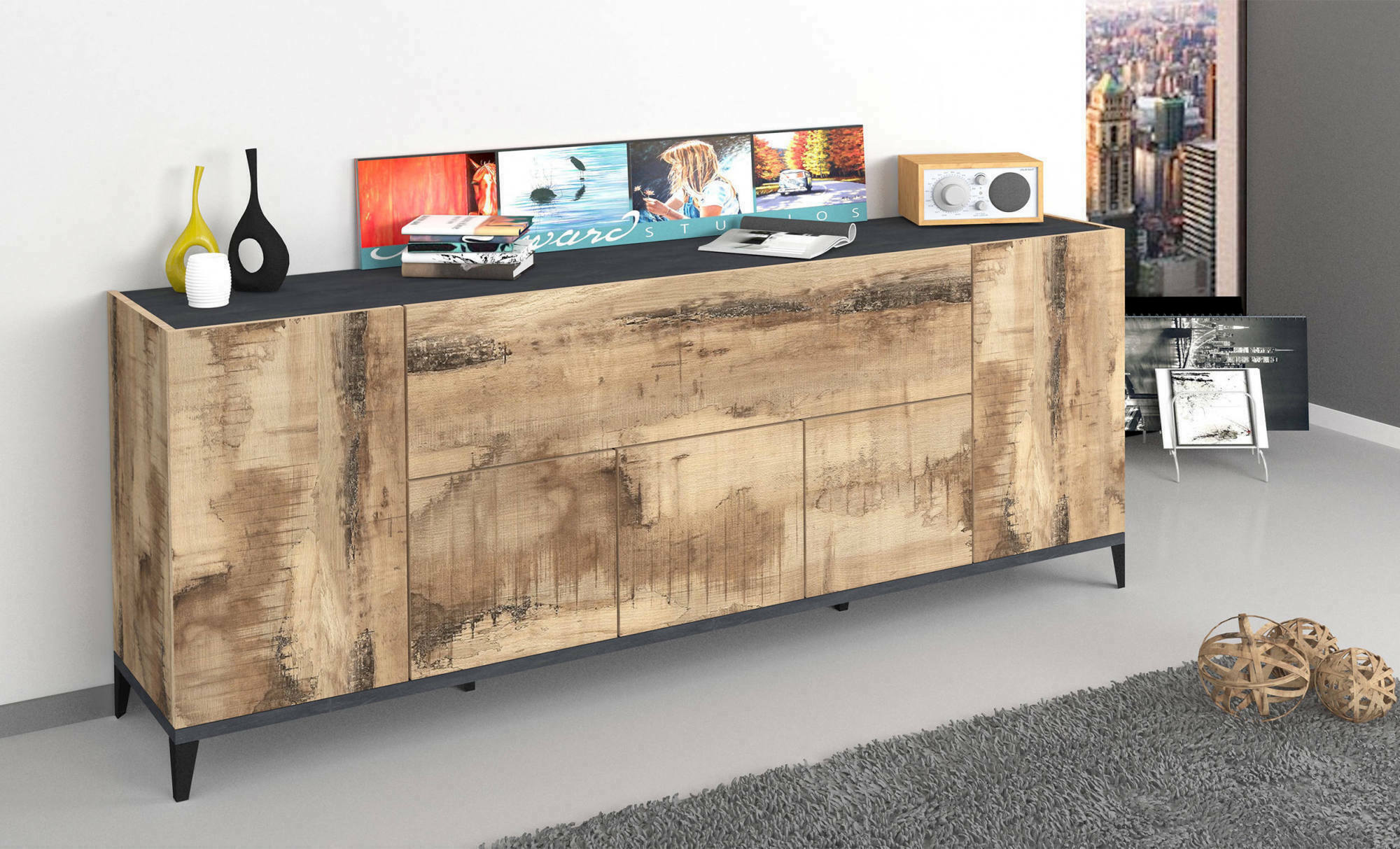 foto del prodotto credenza amour, madia da cucina a 6 ante, buffet da soggiorno, 100 made in italy, cm 200x40h82, ardesia e acero dmora