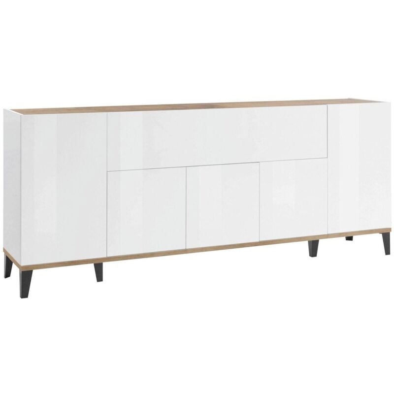 foto del prodotto credenza amour, madia da cucina a 6 ante, buffet da soggiorno, 100 made in italy, cm 200x40h82, bianco lucido e acero dmora