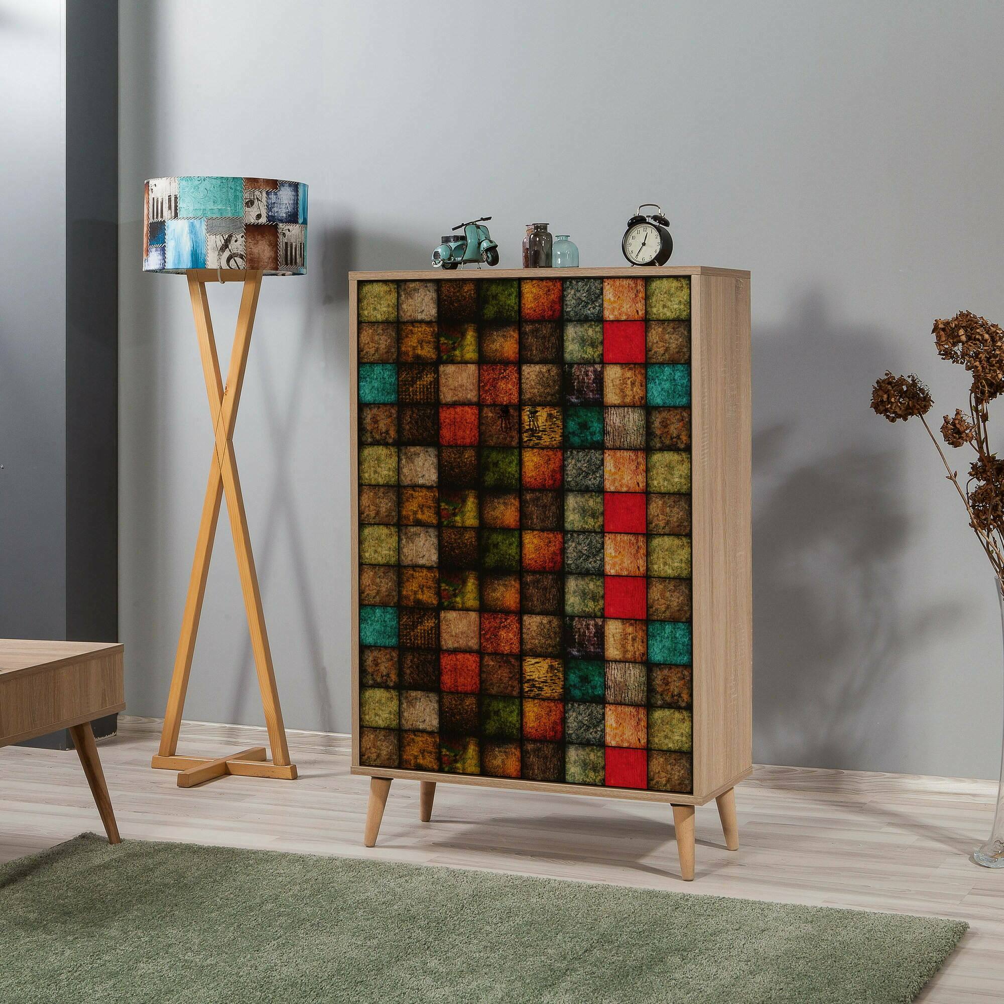 foto del prodotto credenza andalusite, buffet da soggiorno, madia da salotto, dispensa da cucina, 80x36h127 cm, quercia e multicolore