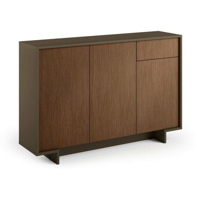 foto del prodotto credenza aneto, madia da salotto, buffet da soggiorno a 3 ante e 1 cassetto, 100 made in italy, 134x35h87 cm, marrone e noce, con imballo rinforzato
