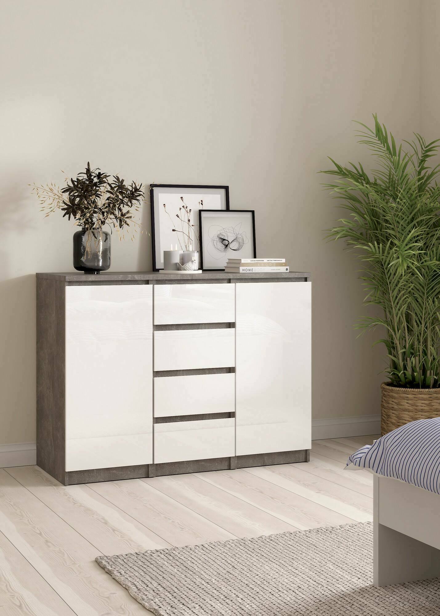 foto del prodotto credenza angelika, buffet da soggiorno, madia da salotto, dispensa da cucina, 121x50 h91 cm, cemento e bianco lucido