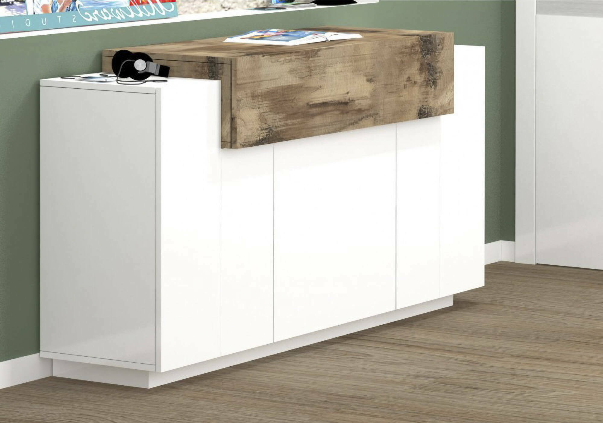 foto del prodotto credenza angelis, madia di design a 4 ante, made in italy, mobile porta tv, buffet da soggiorno, cm 140x45h86, bianco lucido e acero