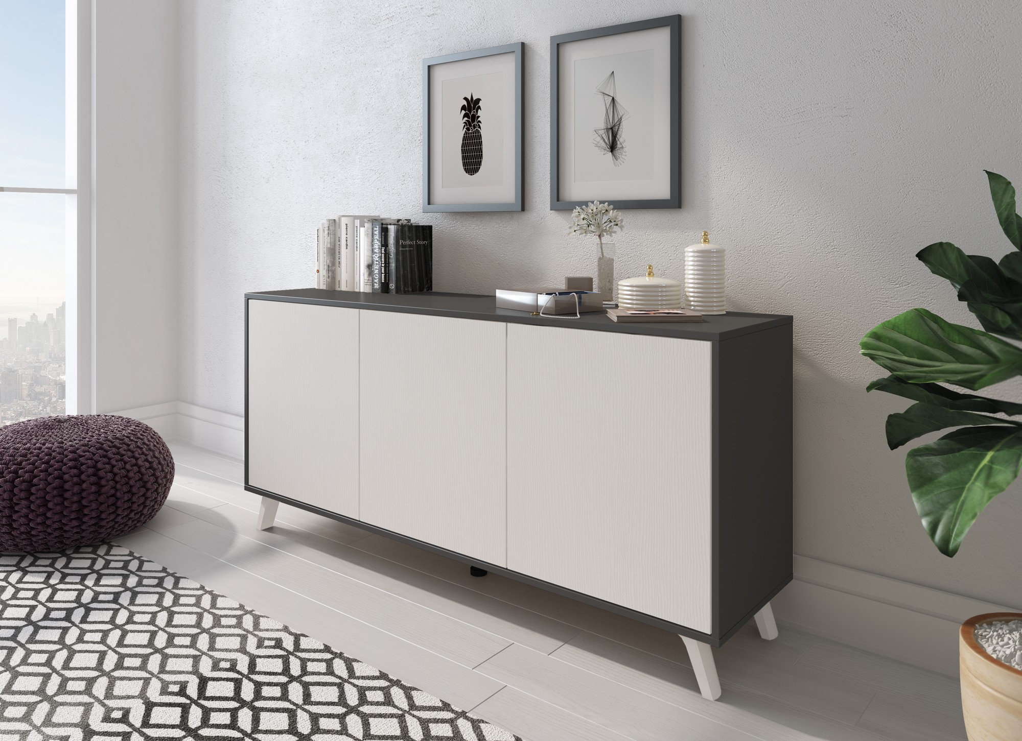 foto del prodotto credenza annina, buffet da soggiorno, madia da salotto, dispensa da cucina, 154x40h72 cm, antracite e bianco