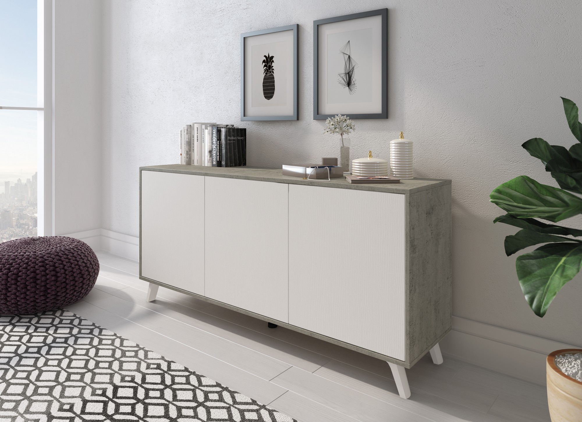 foto del prodotto credenza annina, buffet da soggiorno, madia da salotto, dispensa da cucina, 154x40h72 cm, grigio chiaro e bianco