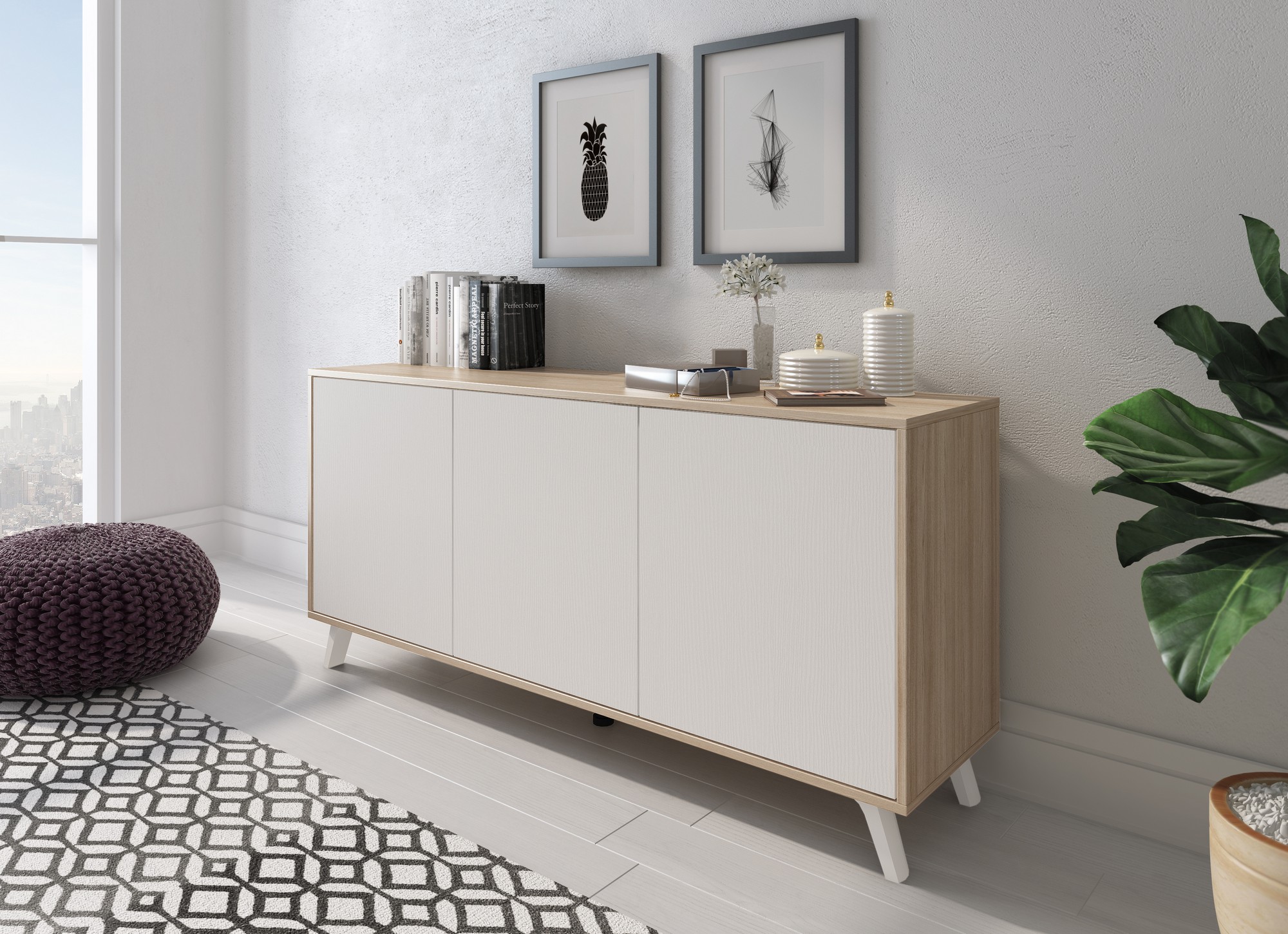 foto del prodotto credenza annina, buffet da soggiorno, madia da salotto, dispensa da cucina, 154x40h72 cm, rovere e bianco