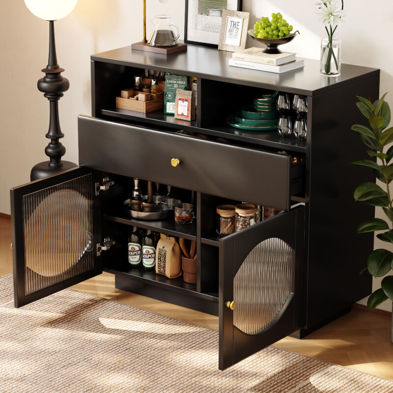 foto del prodotto credenza, anta in vetro, contenitore, 1 cassetto, vano contenitore aperto, moderna, 100 40 90,5cm, nero