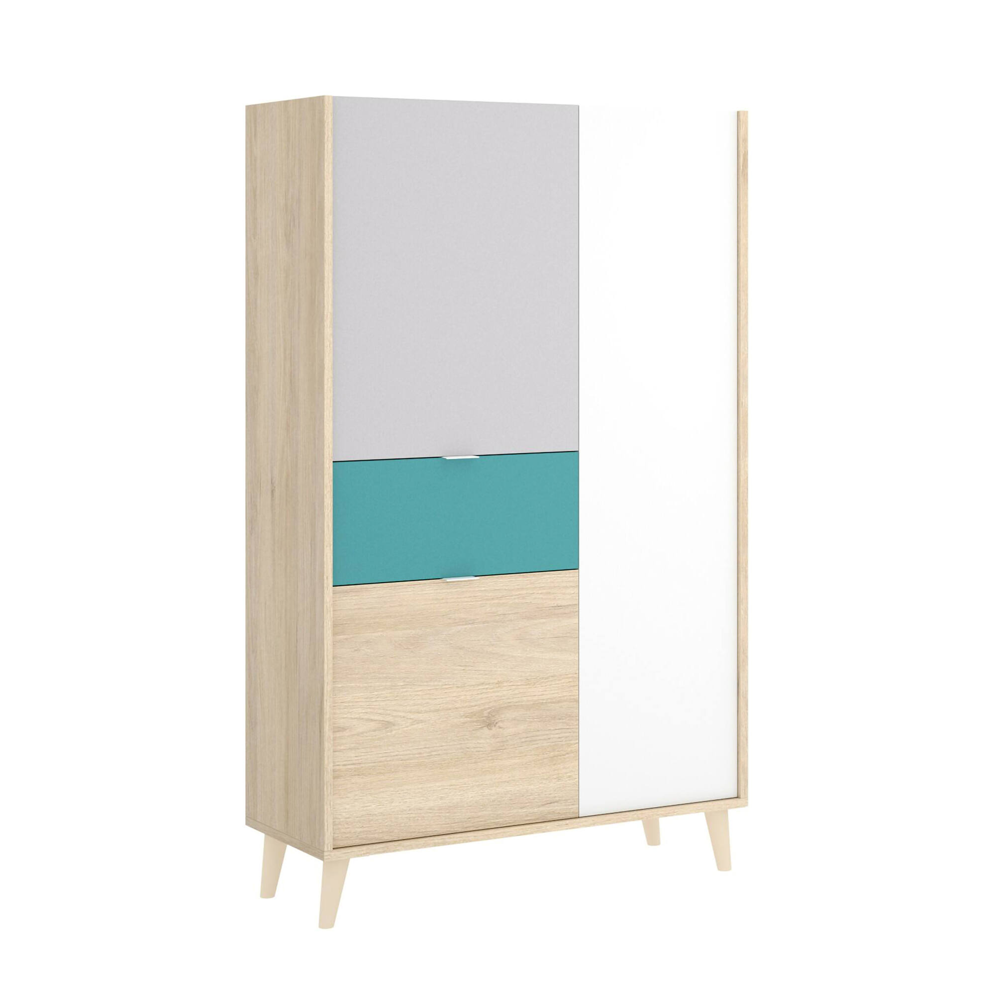 foto del prodotto credenza archimede, buffet dispensa da soggiorno, madia moderna da salotto a 3 ante, 81x43h137 cm, bianco e rovere