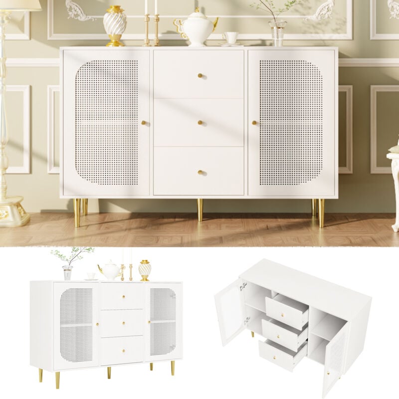 foto del prodotto credenza armadio portaoggetti con porta in rattan pe con cassetto indipendente armadio in legno cucina casa soggiorno bianco 120x40x90 cm