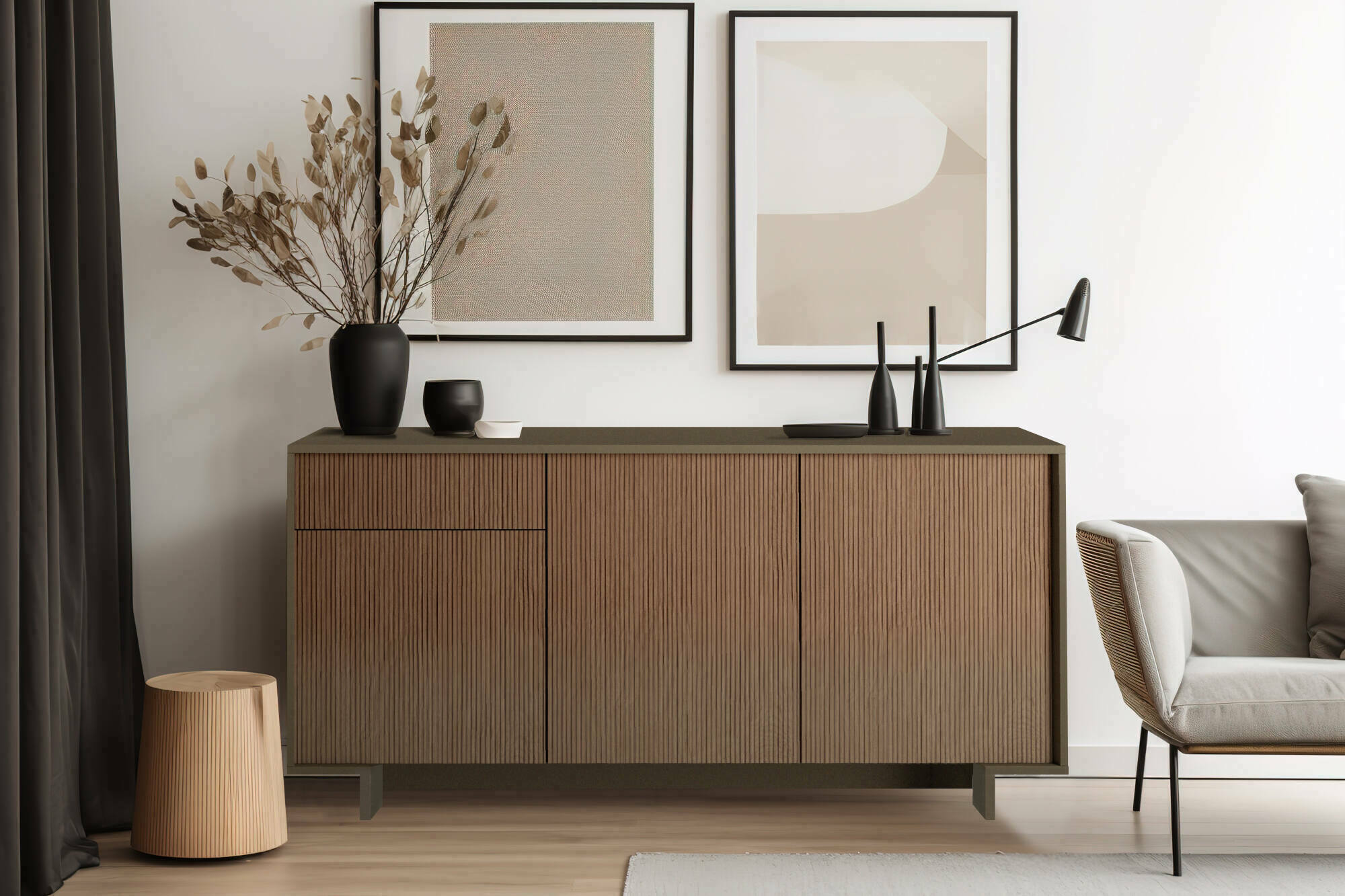 foto del prodotto credenza aronne, madia da salotto, buffet da soggiorno a 3 ante e 1 cassetto, 100 made in italy, 170x42h78 cm, marrone e noce