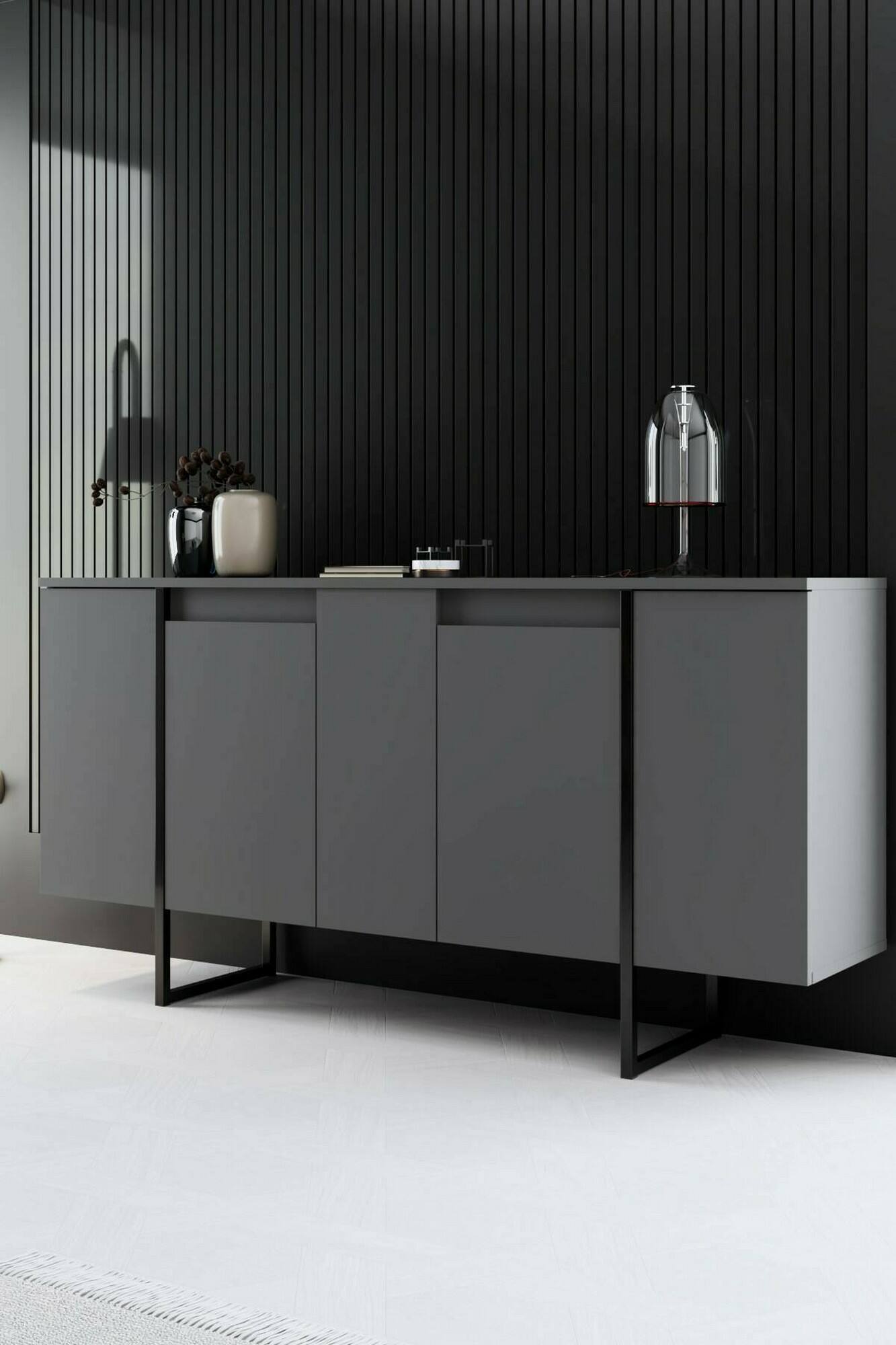 foto del prodotto credenza arta, buffet da soggiorno, madia da salotto, dispensa da cucina, 160x35h80 cm, antracite e nero