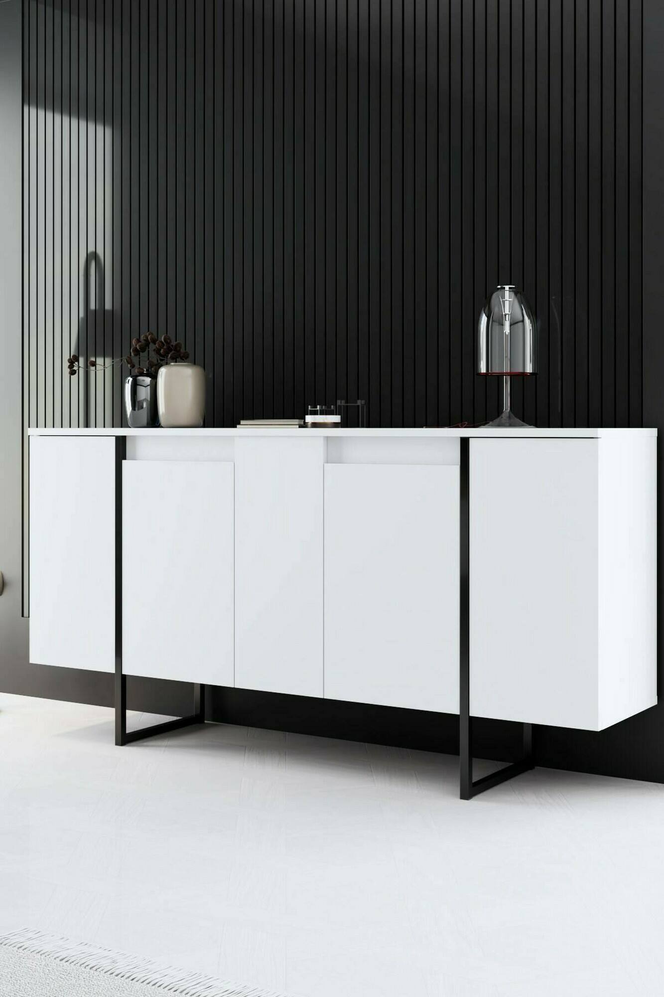 foto del prodotto credenza arta, buffet da soggiorno, madia da salotto, dispensa da cucina, 160x35h80 cm, bianco e nero