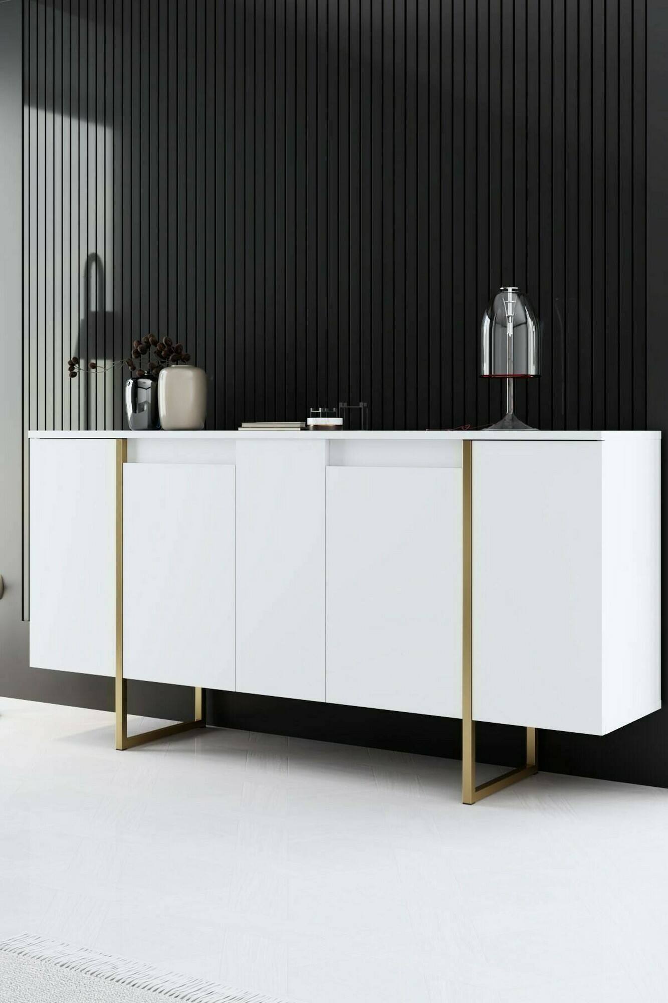 foto del prodotto credenza arta, buffet da soggiorno, madia da salotto, dispensa da cucina, 160x35h80 cm, bianco e oro