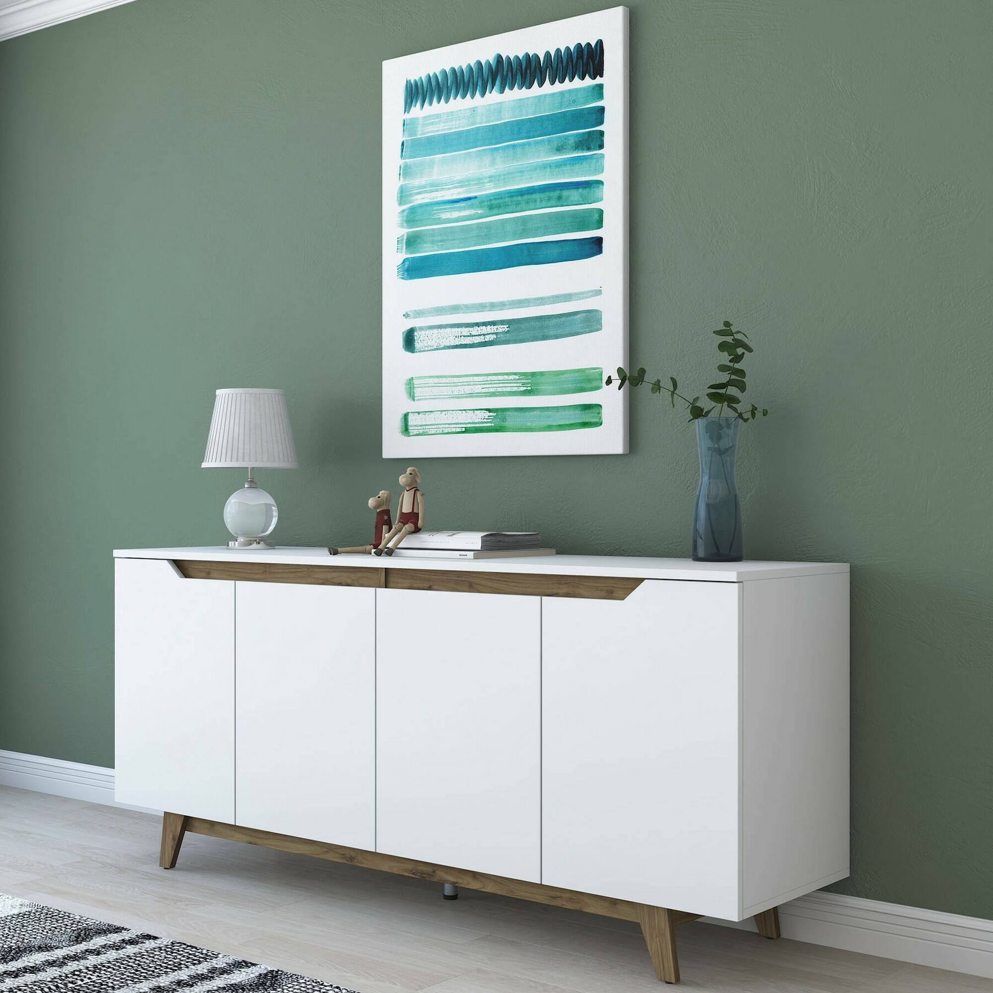 foto del prodotto credenza ascaro, buffet da soggiorno, madia da salotto, dispensa da cucina, 180x45h79 cm, bianco e noce