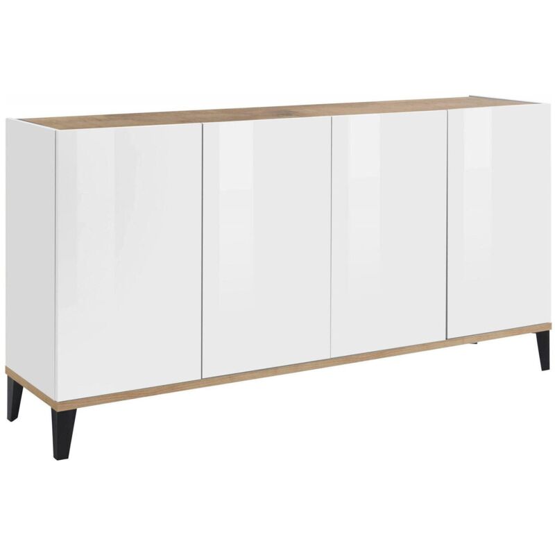 foto del prodotto credenza ashley, madia da cucina a 4 ante, buffet da soggiorno, 100 made in italy, cm 160x40h82, bianco lucido e acero dmora