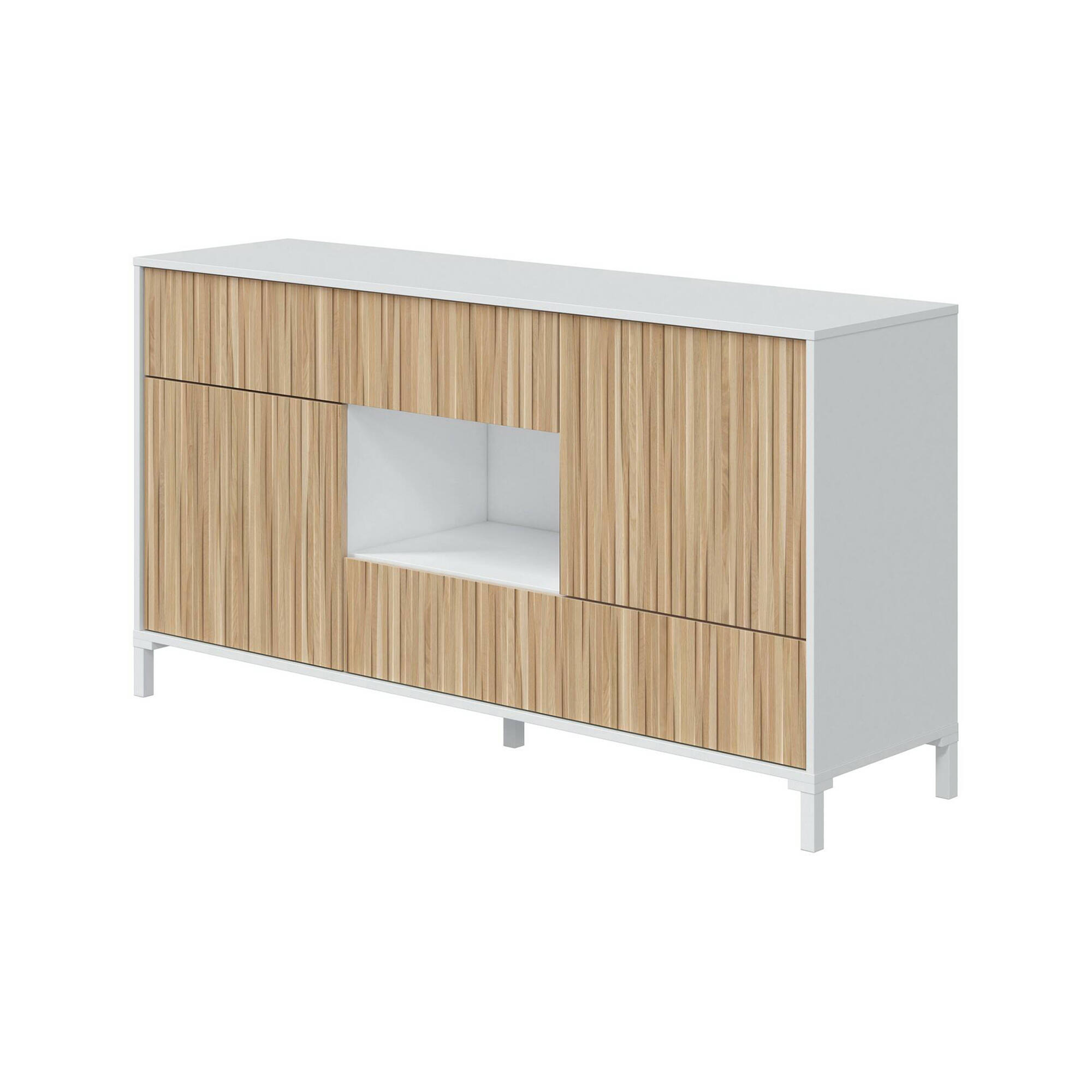 foto del prodotto credenza atessa, buffet da soggiorno a 2 ante e 2 cassetti, madia da salotto, credenza moderna, 151x41h80 cm, rovere e bianco lucido