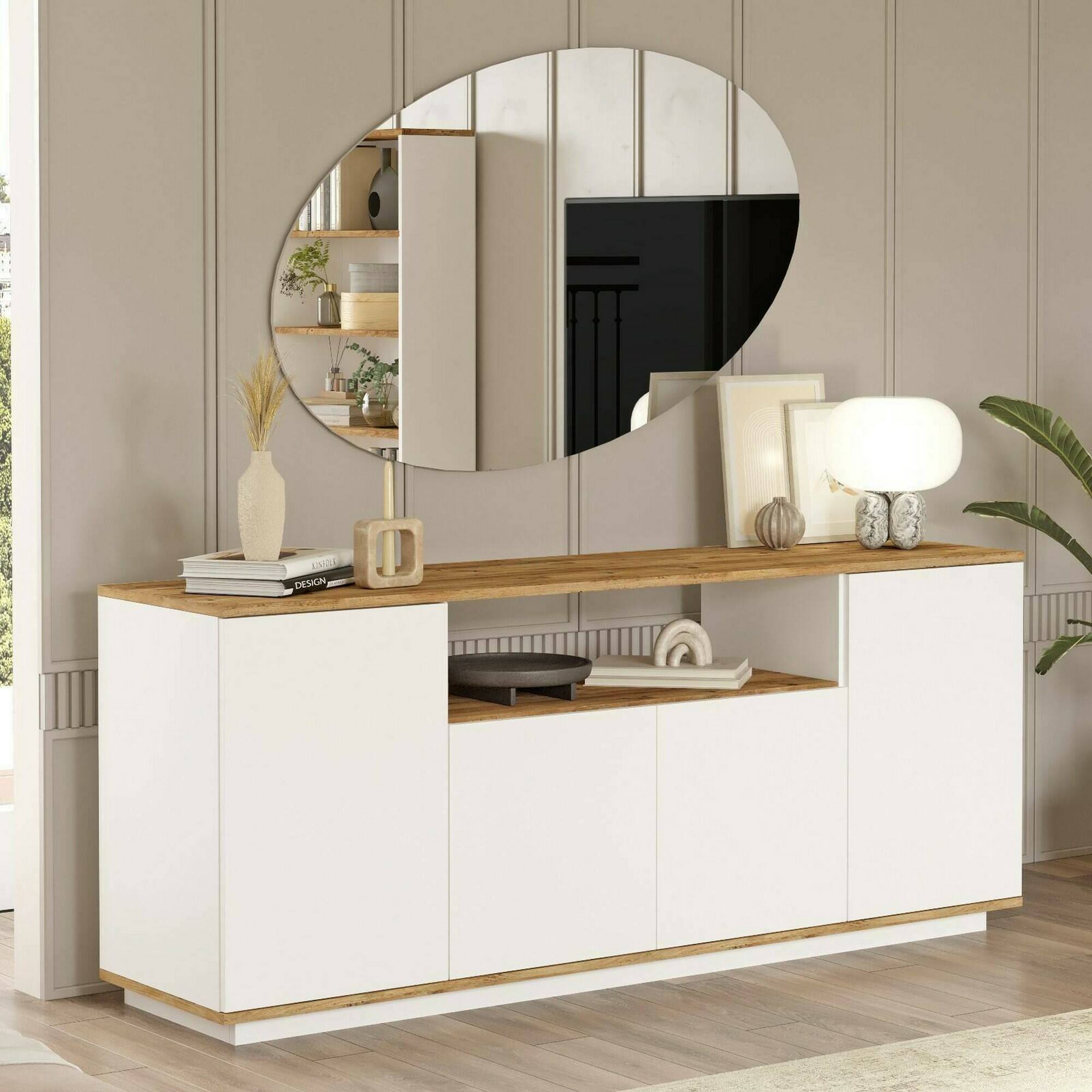foto del prodotto credenza aziz, buffet da soggiorno, madia da salotto, dispensa da cucina, 180x45h75 cm, quercia e bianco