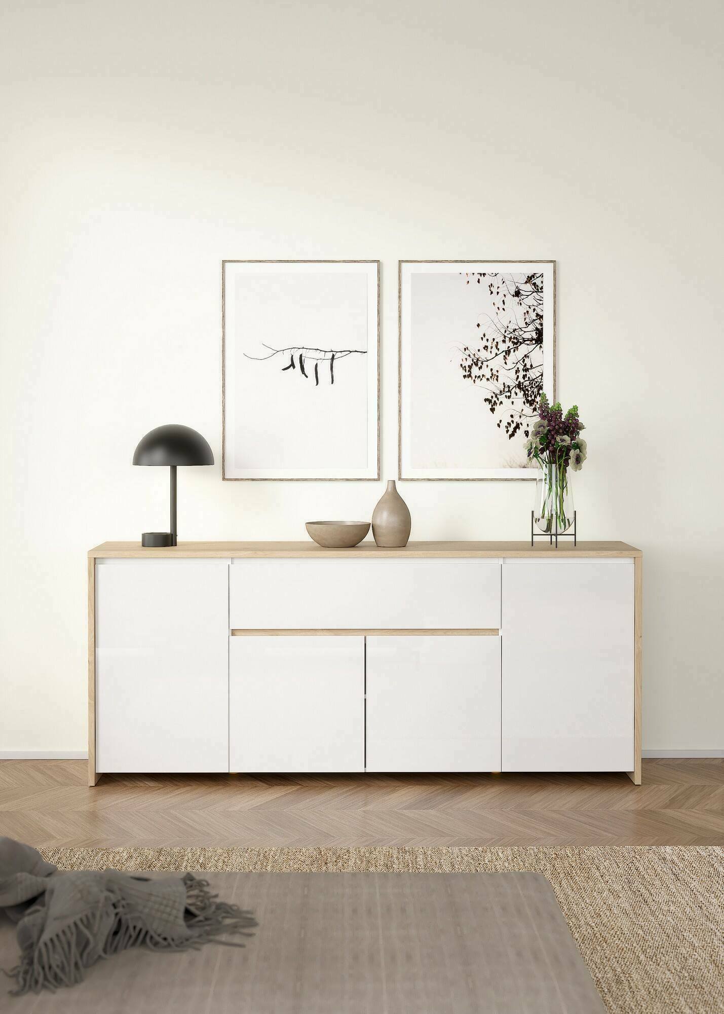 foto del prodotto credenza basile, buffet da soggiorno, madia da salotto, dispensa da cucina, 197x48 h84 cm, rovere e bianco lucido