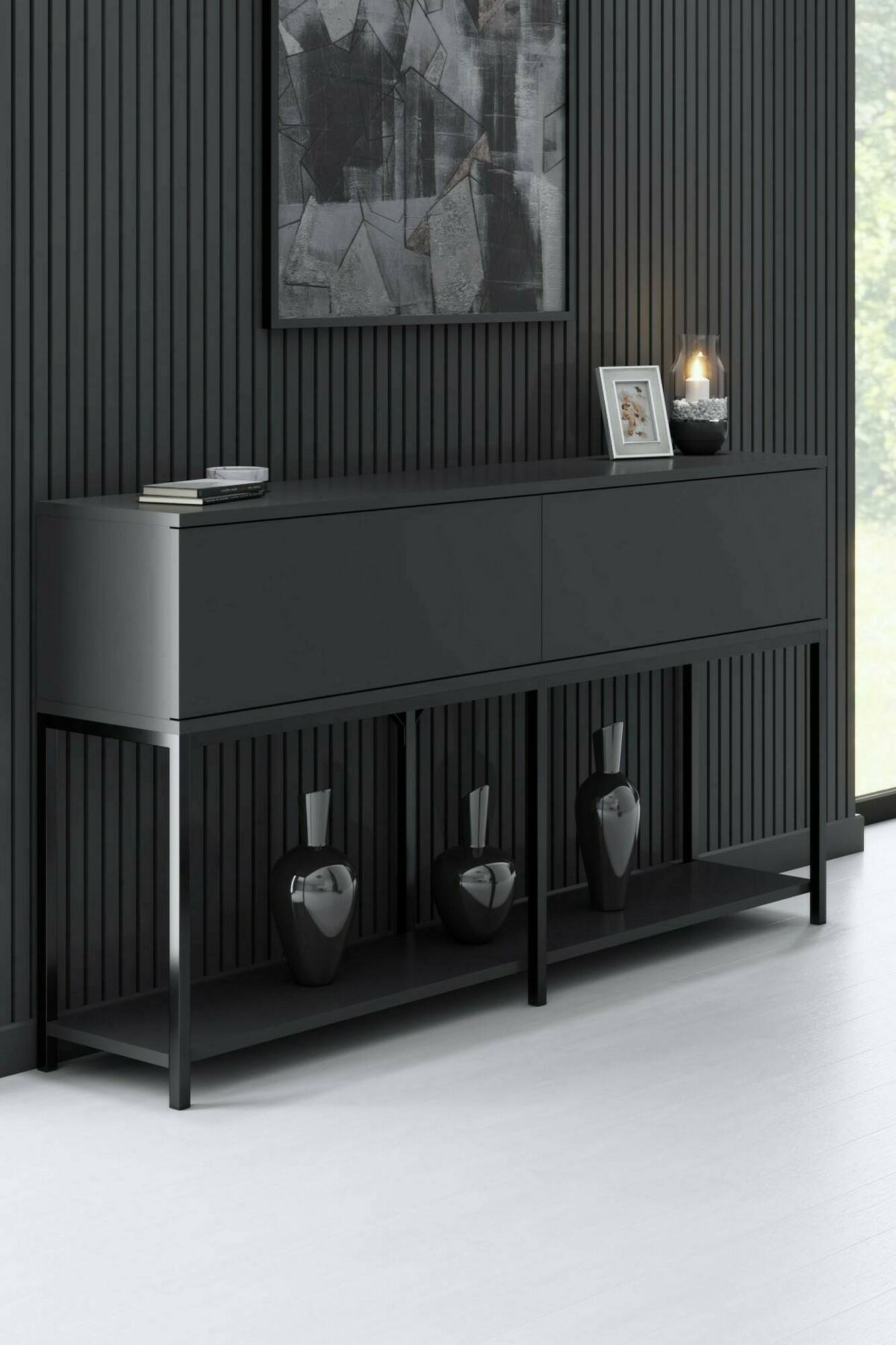 foto del prodotto credenza basilia, buffet da soggiorno, madia da salotto, dispensa da cucina, 150x30h80 cm, antracite e nero