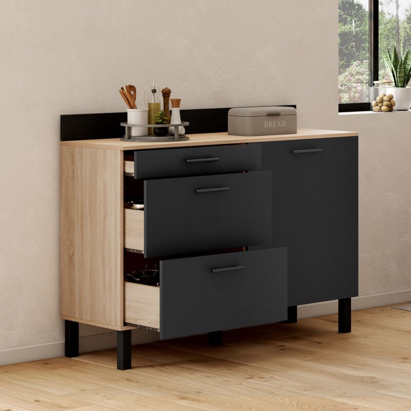 foto del prodotto credenza bassa 120 cm cina piano di lavoro h.83 cm 1 anta 3 cassetti look faggio e nero