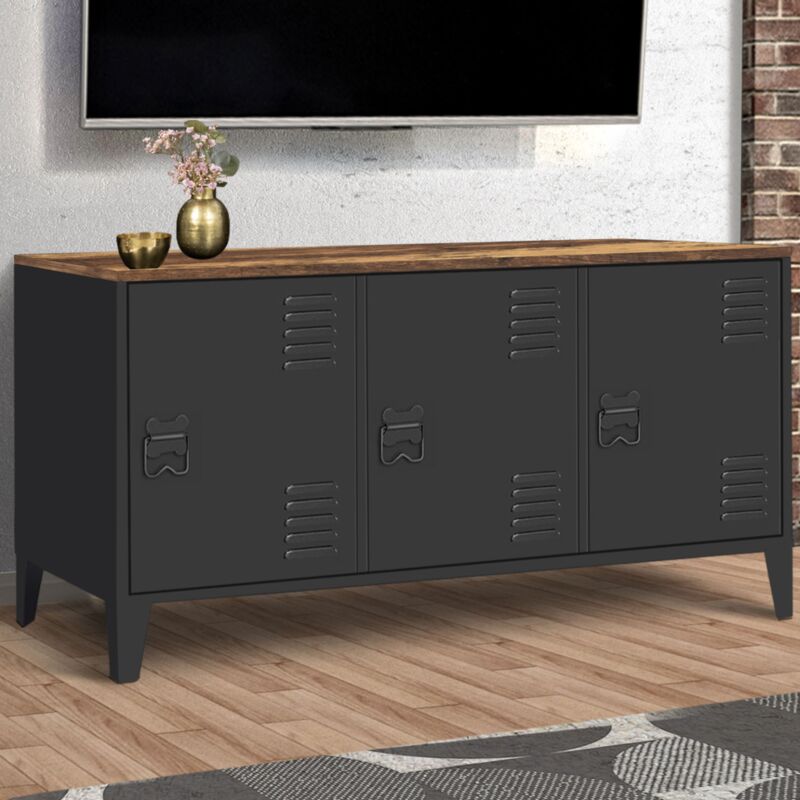 foto del prodotto credenza bassa ester 113 cm con 3 ante in metallo nero e piano in legno scuro effetto invecchiato hawkins design industriale