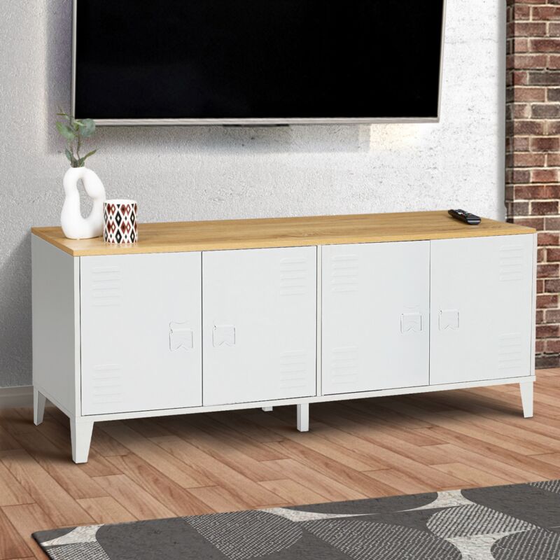 foto del prodotto credenza bassa ester 140 cm con 4 ante in metallo bianco e piano in legno dal design industriale