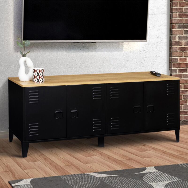 foto del prodotto credenza bassa ester 140 cm con 4 ante in metallo nero e piano in legno dal design industriale