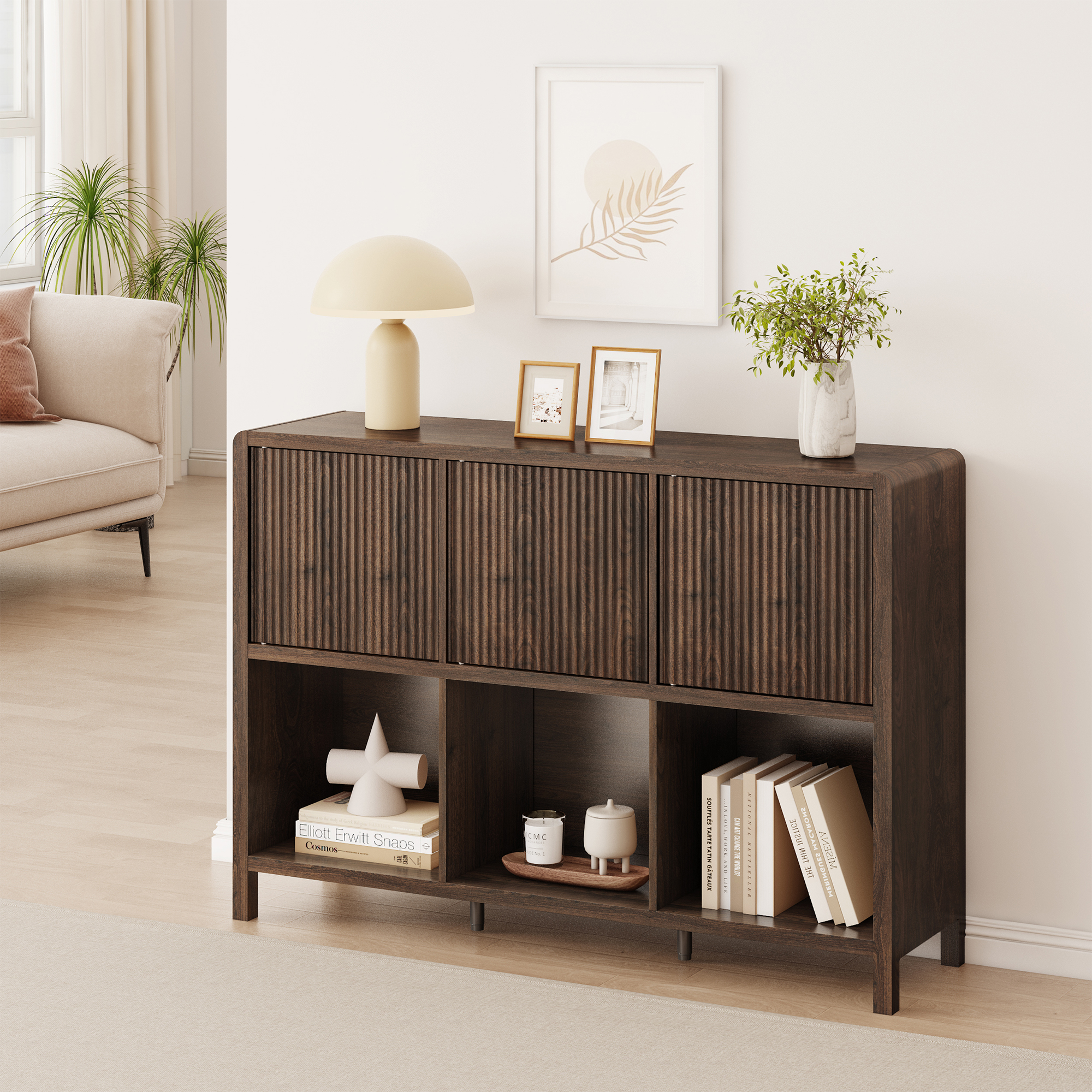 foto del prodotto credenza bassa lukkodso con 3 ante e scomparti aperti 77x110x30 cm effetto noce en.casa 