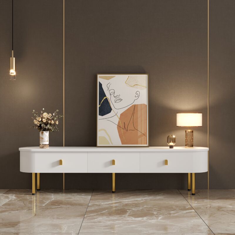 foto del prodotto credenza bassa, mobile tv con cassetti, maniglie e gambe dorate, angoli curvi