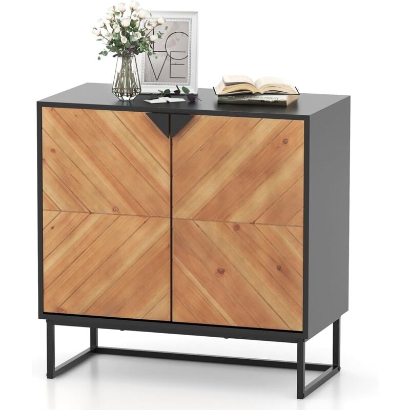 foto del prodotto credenza bassa per soggiorno con 2 ante e 2 ripiani, mobile da cucina moderno in legno di abete, mobiletto con gambe in metallo per salotto e