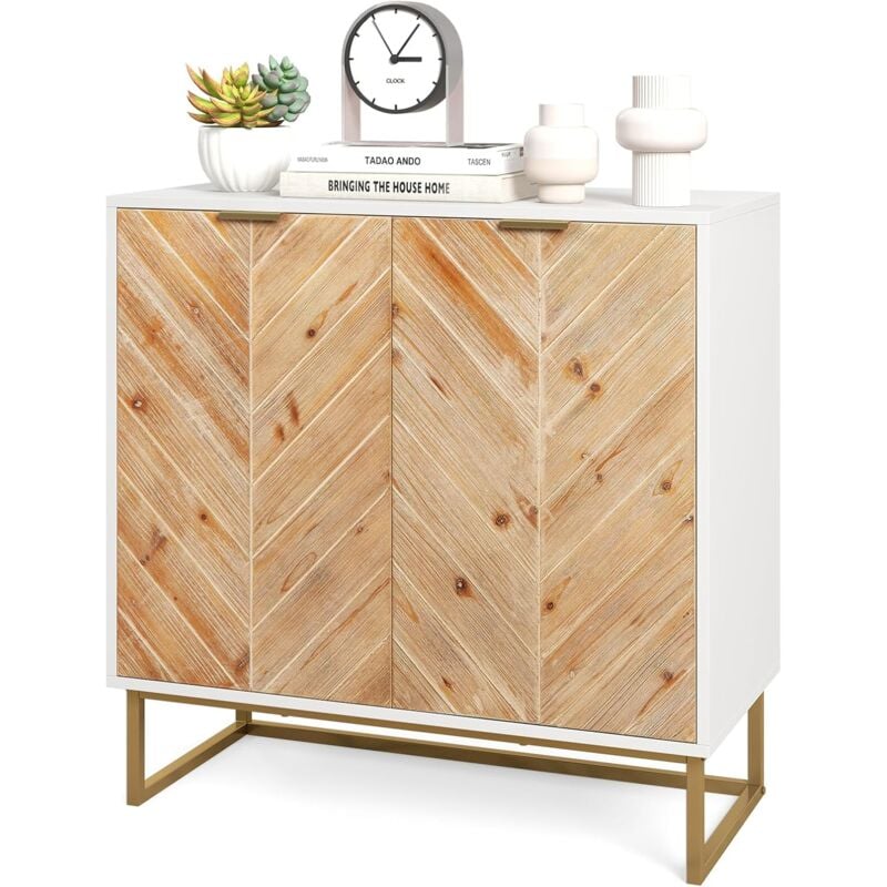 foto del prodotto credenza bassa per soggiorno con 2 ante e 2 ripiani, mobile da cucina moderno in legno di abete, mobiletto con gambe in metallo per salotto e