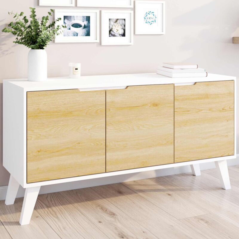 foto del prodotto credenza bassa scandinava 113 cm finn bianco 3 ante effetto faggio