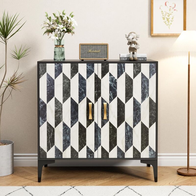 foto del prodotto credenza bassa scandinava, mobiletto portaoggetti, con 2 ante, superficie color bianco nero, maniglia in metallo color oro, per soggiorno, camera da