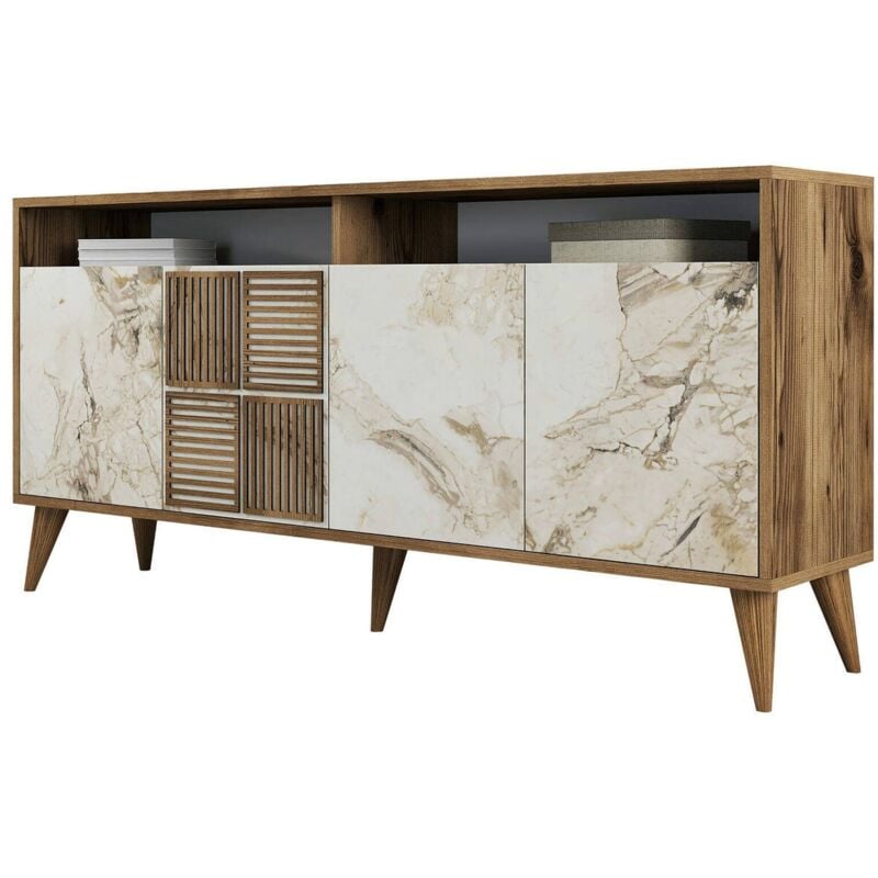 foto del prodotto credenza benjamin, buffet da soggiorno, madia da salotto, dispensa da cucina, 160x35 h78 cm, noce e grigio