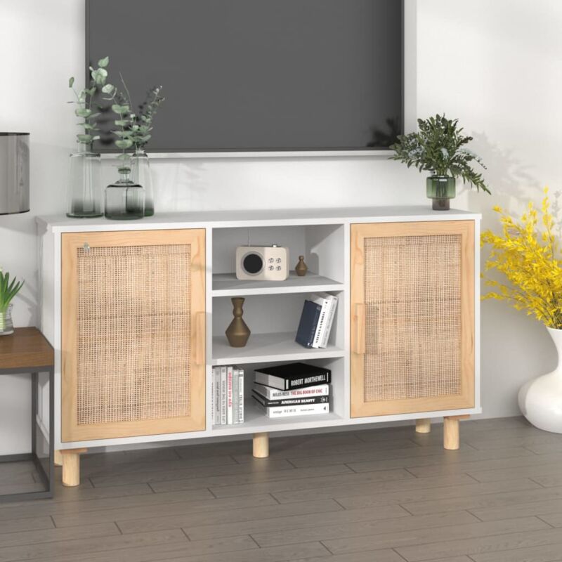 foto del prodotto credenza bianca 105x30x60cm legno massello pino rattan naturale