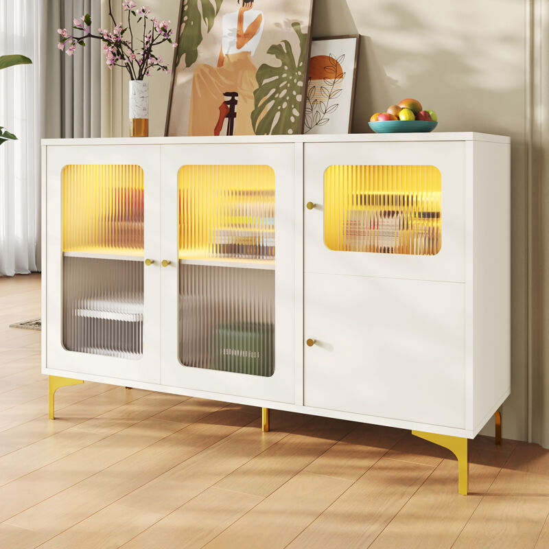 foto del prodotto credenza bianca 140x40x90cm, design porta in vetro changhong, led, mobile contenitore per soggiorno