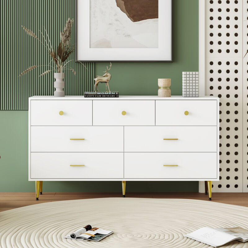 foto del prodotto credenza bianca, 7 cassetti, maniglie dorate, gambe dorate, guide dei cassetti lisce, 1403576 cm, credenza per sala da pranzo