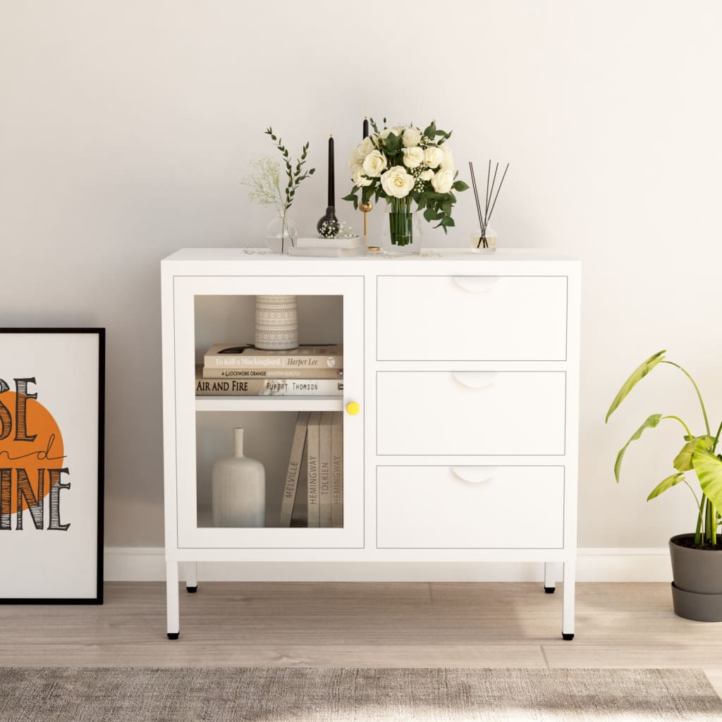foto del prodotto credenza bianca 75x35x70 cm in acciaio e vetro temperato cod mxl 23360