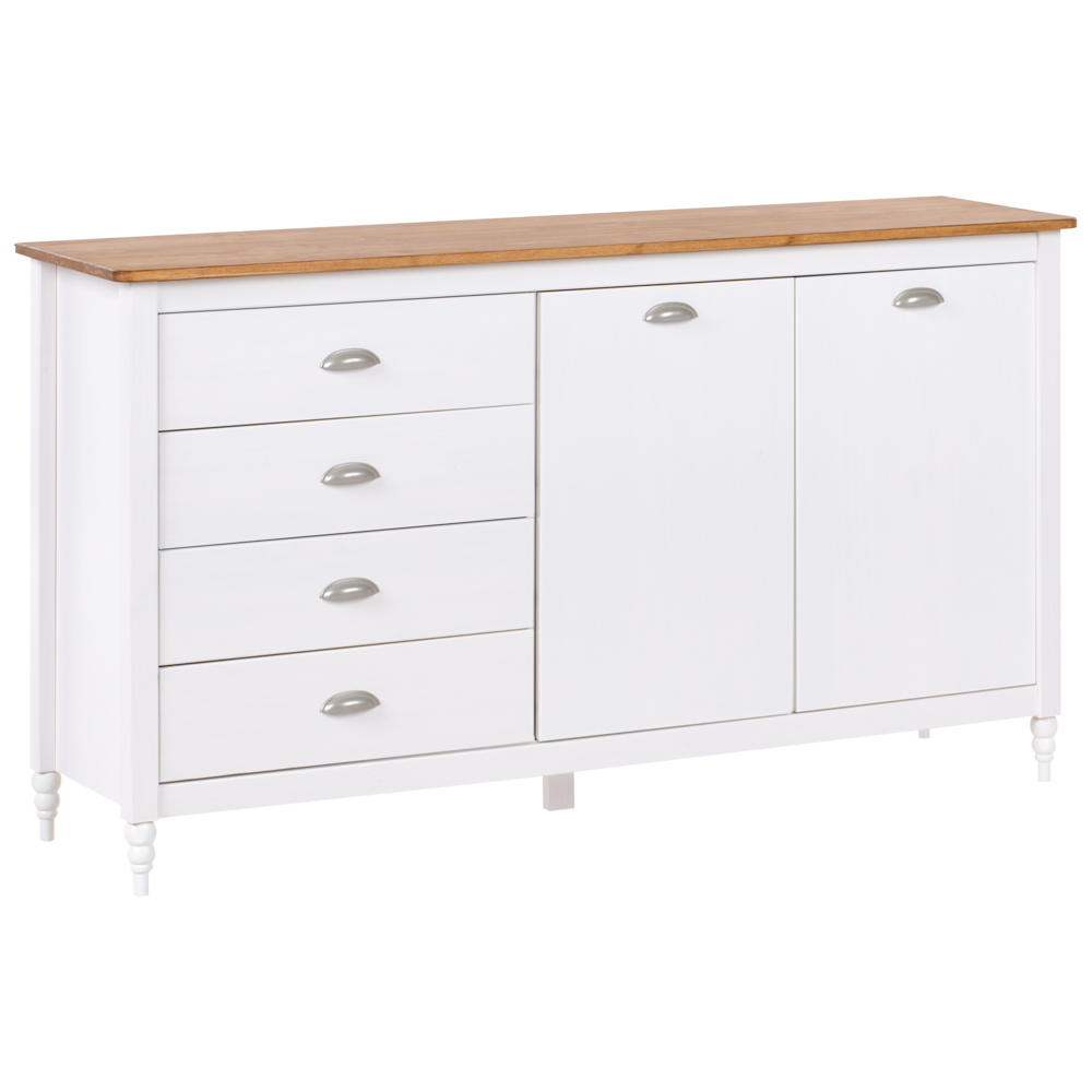 foto del prodotto credenza bianca a 2 ante e 4 cassetti, mobile contenitore in stile scandinavo con piano in legno