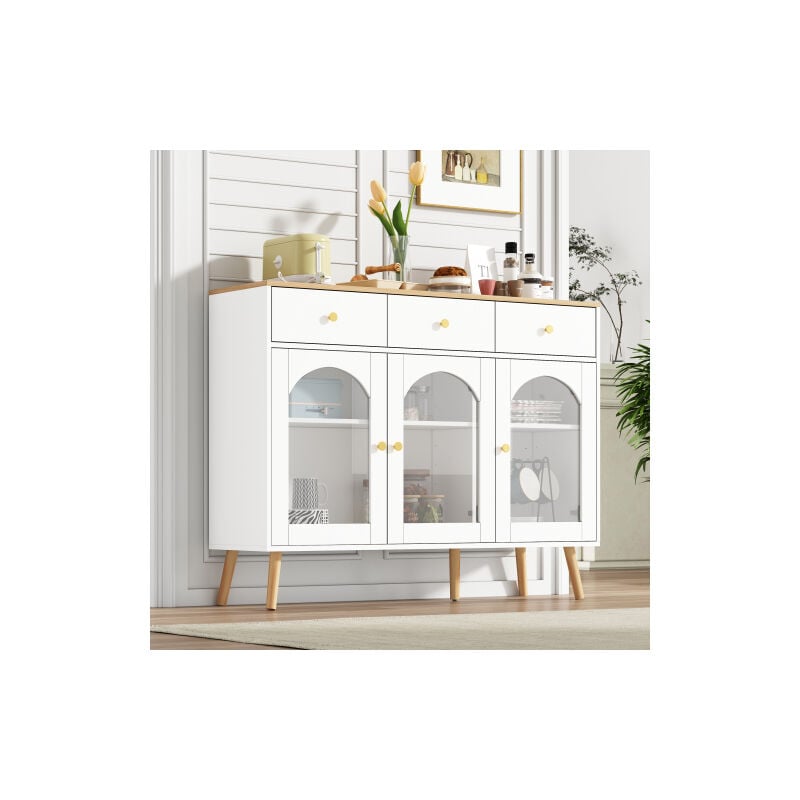 foto del prodotto credenza bianca, credenza da 94 cm con 3 cassetti e 3 ante curve, piano color legno, pannello truciolare, per cucina, soggiorno, ufficio
